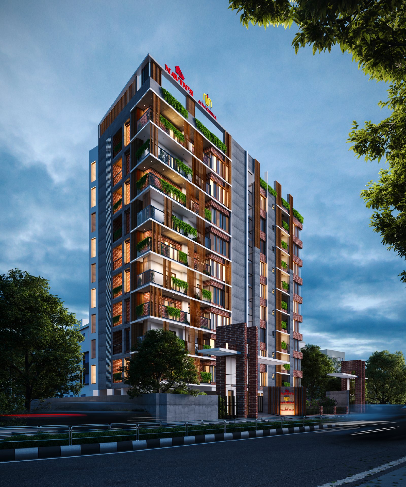 A Navin's residential tower at dusk